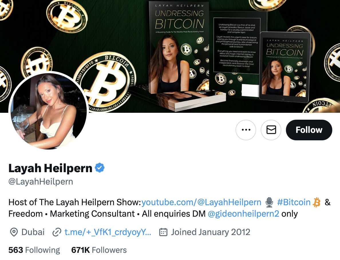 example of crypto twitter profile Layah Heilpern